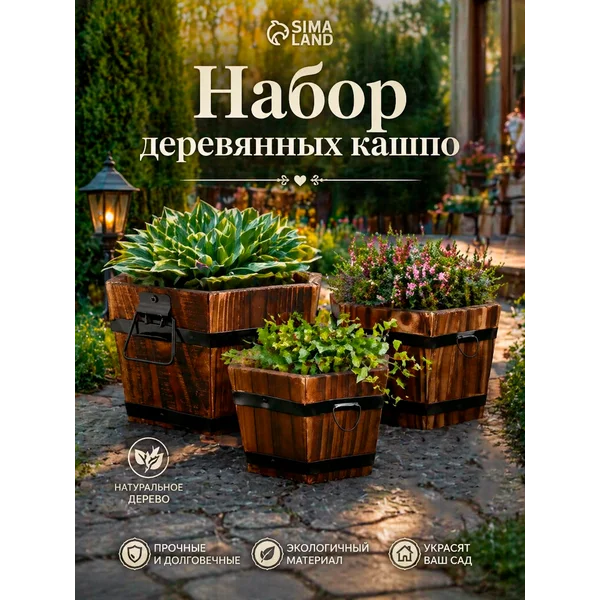 Набор деревянных кашпо, 6-ти угольных 19х16х13см