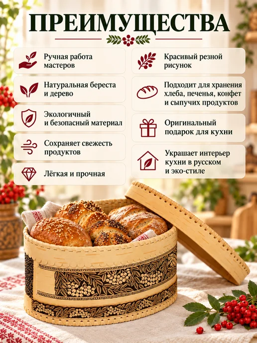 ХВОЁЖНЫЙ Хлебница из бересты с крышкой-батонница для хлеба и выпечки, бежевый, фото 5