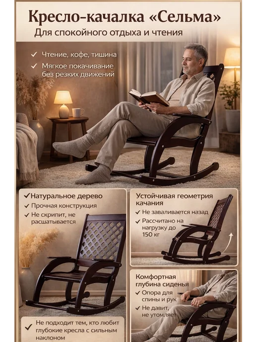 PlayWoods Кресло качалка деревянное для дома с подножкой Сельма, коричневый, фото 4