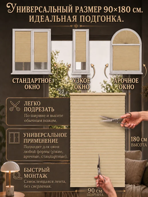 Vilakehome Жалюзи самоклеящиеся плиссе тканевые 90x180см, без сверления, 90x180 см, фото 6