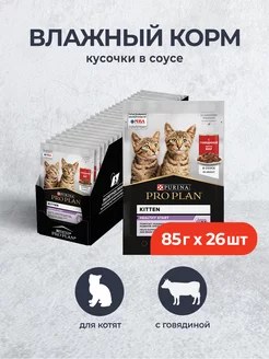 Паучи для котят кусочки в соусе с говядиной 85 г х 26 шт Pro Plan 79998275 купить за 1 506 ₽ в интернет-магазине Wildberries