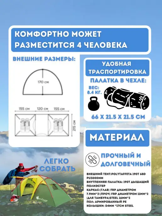 mircamping Палатка двухслойная ART1002, зеленый, фото 2