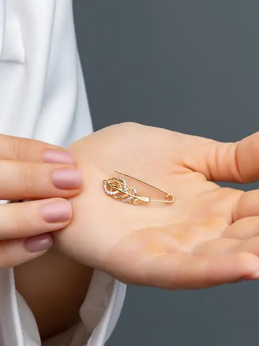 Teya jewelry Брошь булавка серебро перо позолоченная, серебристый, фото 6
