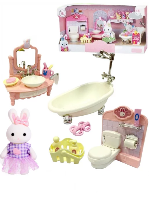 ESSA TOYS Игровой набор зайчик с мебелью для домика - ванная, белый