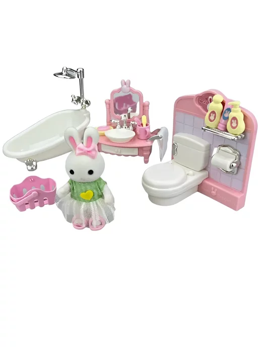 ESSA TOYS Игровой набор зайчик с мебелью для домика - ванная, белый, фото 2