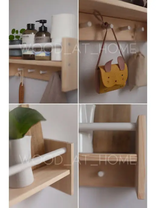 Wood At Home Настенная деревянная полка вешалка для детской, для книг, белый, фото 6