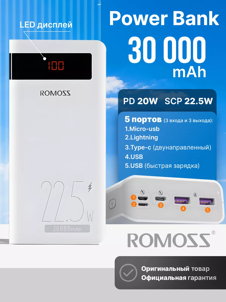 Внешний аккумулятор повербанк Sense 8PF 30000 mAh 22.5W Romoss 82015439  купить за 1 954 ₽ в интернет-магазине Wildberries