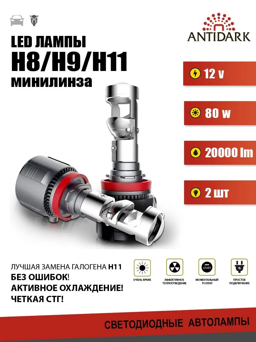 H8/H9/H11 led лампы линзованные, 12-24v, 6000К, 2 шт antidark 83210132  купить за 2 187 ₽ в интернет-магазине Wildberries