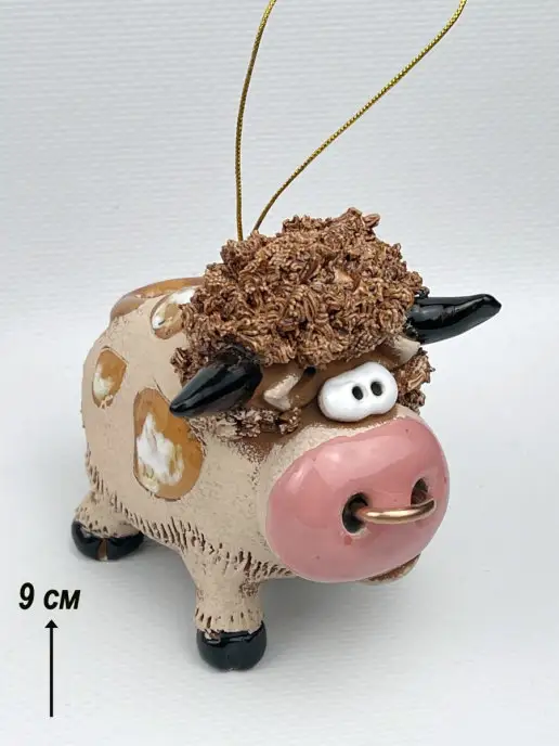 Ceramic Fauna Глиняный колокольчик ручной лепки Бык, елочная игрушка, розовый, фото 7