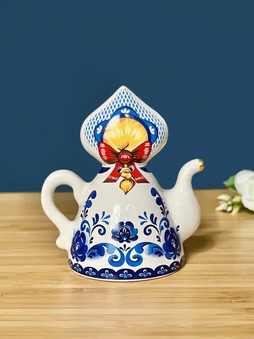 Керамика для души колокольчик сувенир Кукла на чайнике, голубой, фото 2