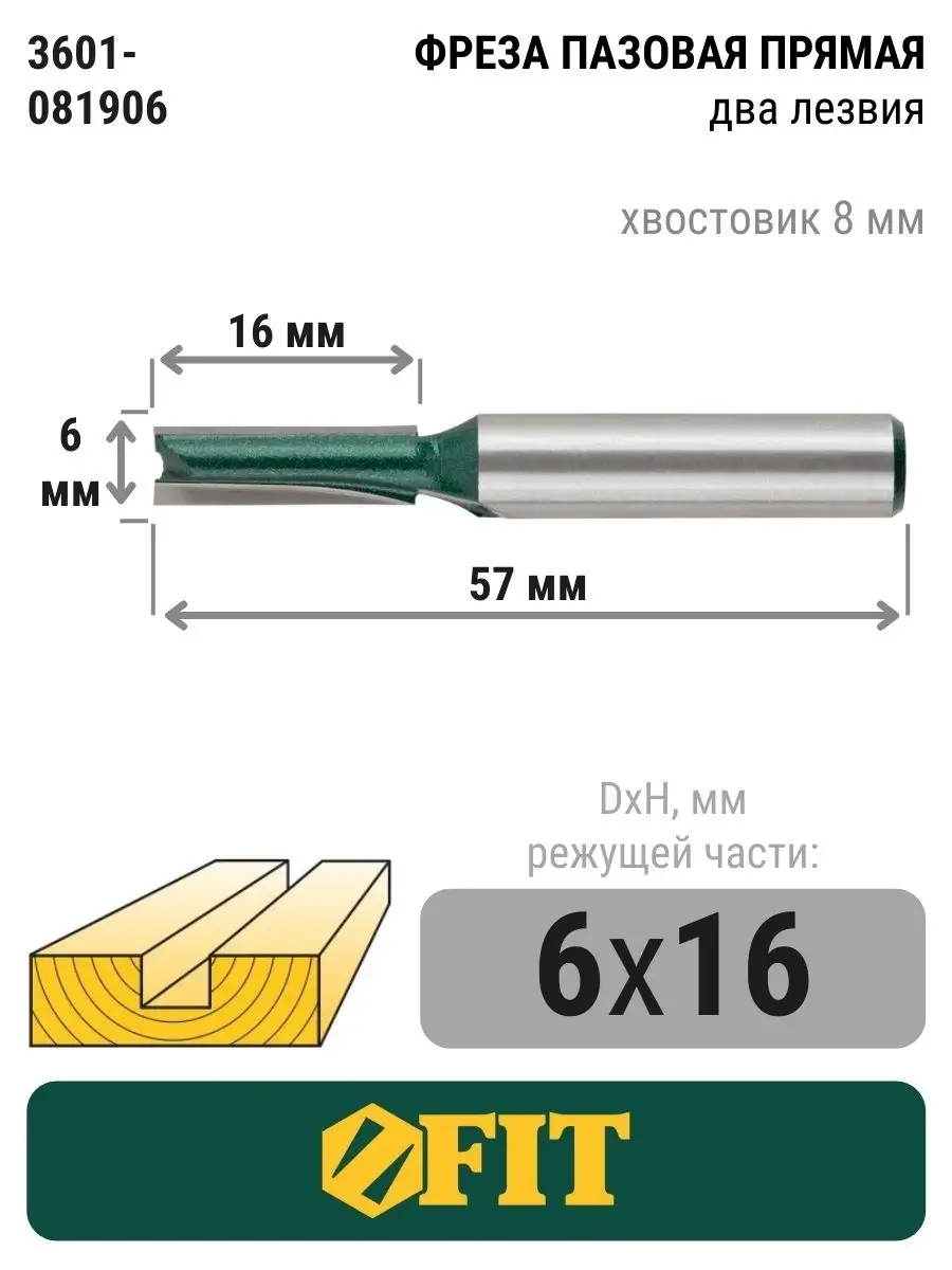 Фреза пазовая прямая хвостовик 8 мм DxHxL - 6х16x57 мм FIT 83765108 купить  за 378 ₽ в интернет-магазине Wildberries