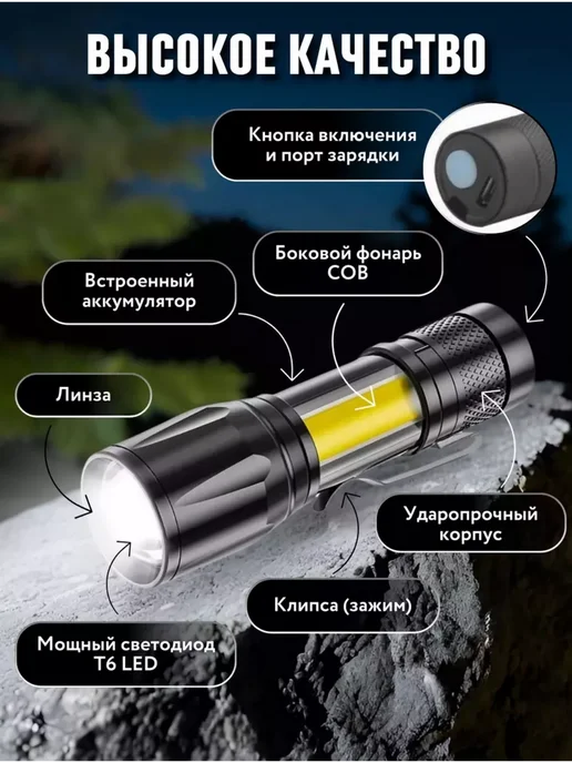 RU-shop Фонарик ручной светодиодный карманный аккумуляторный, вариант, фото 6