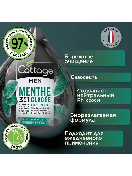 Cottage Шампунь для волос мужской и Гель для душа Мята, 250 мл, 250 мл, фото 4