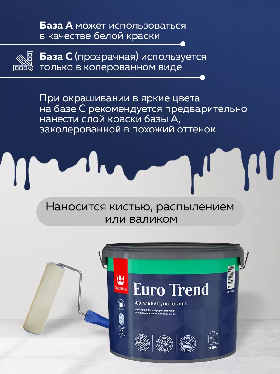 Краска для обоев и стен Тиккурила EURO TREND база А 0,9л Tikkurila 84369380  купить в интернет-магазине Wildberries