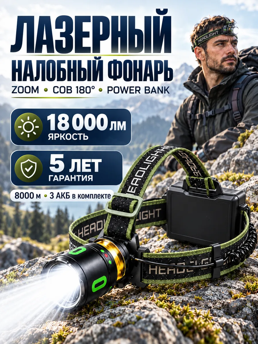 Налобный фонарь аккумуляторный с зарядкой мощный SolNox. Цвет черный, желтый, супер белый.