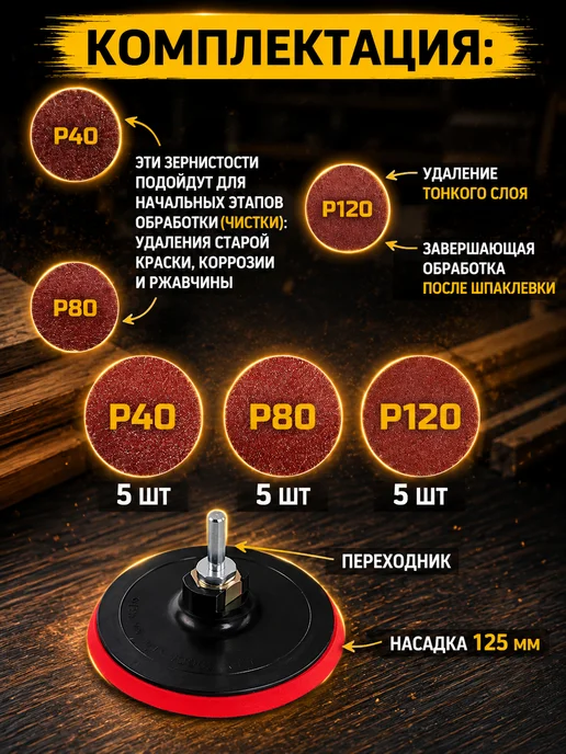 Reli Ware Tools Насадка шлифовальная на липучке 125мм и наждачные круги 40шт, 15 шт, фото 2