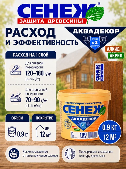 Сенеж Пропитка для дерева,антисептик АКВАДЕКОР 109 (орех) - 0,9 кг, 0,9 кг, фото 6