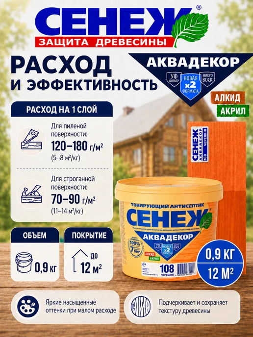 Сенеж Пропитка для дерева АКВАДЕКОР 108 (черешня) - 0,9кг, 0,9 кг, фото 6