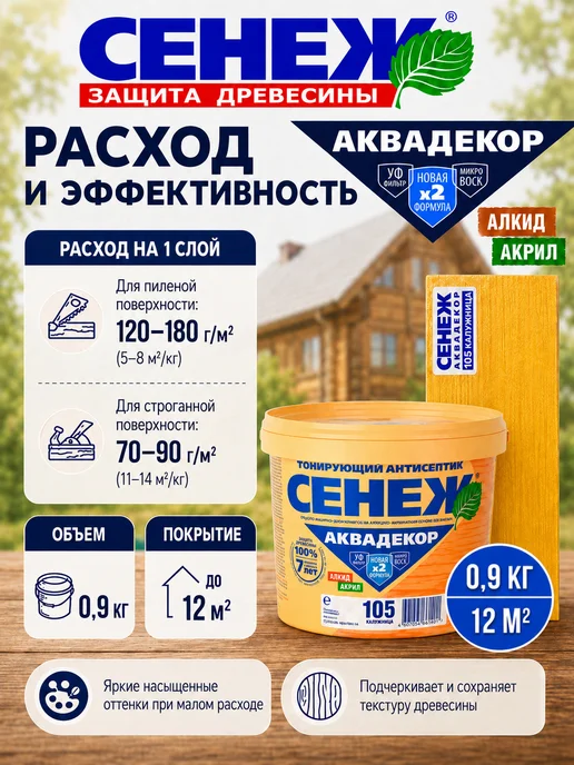 Сенеж Пропитка для дерева АКВАДЕКОР 105 (калужница) - 0,9 кг, 900 г, фото 6