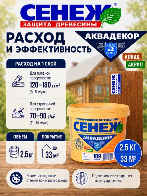 Сенеж Пропитка для дерева,антисептик АКВАДЕКОР 109 (орех) - 0,9 кг, 2,5 кг, фото 6