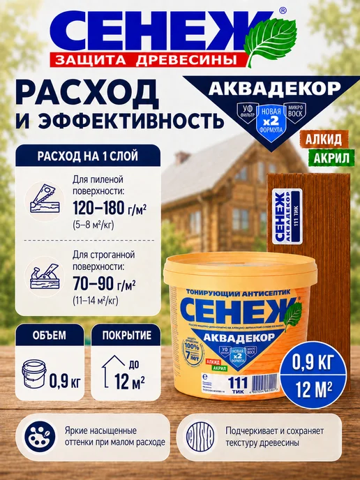 Сенеж Пропитка для дерева,антисептик АКВАДЕКОР 111 (тик) - 0,9 кг, 900 г, фото 6