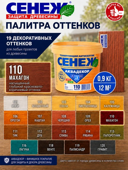 Сенеж Пропитка для дерева,антисептик АКВАДЕКОР 110 (махагон) 0,9кг, 900 г, фото 8