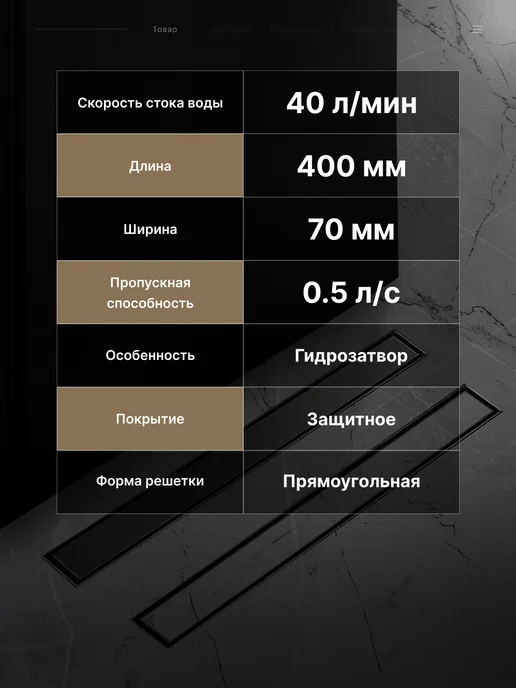 TIM Трап для душа BAD454002 под плитку 70х400 мм, 70x400 мм, фото 4