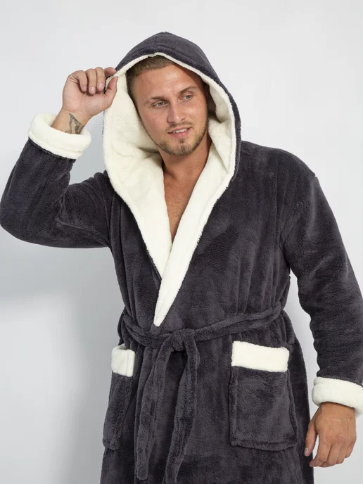 Wakas Textile Халат махровый домашний с капюшоном теплый в бани, белый, фото 8