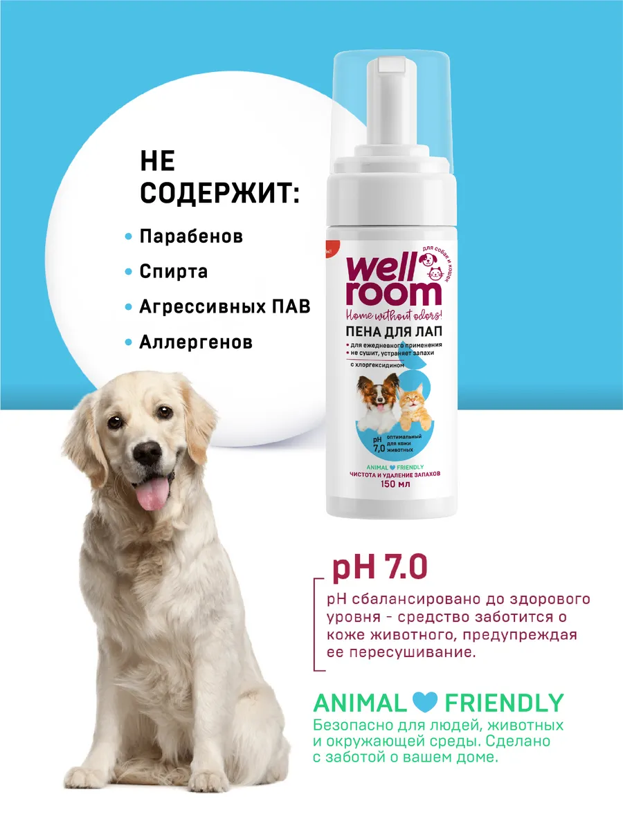 Средство для лап WELLROOM Пенка для мытья лап антибактериальная Pet Care