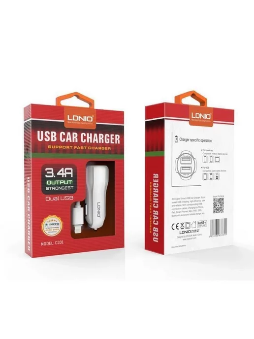 OEM/ Автомобильное зарядное устройство 5V 3,4A Dual USB F+Cable (, вариант, фото 5