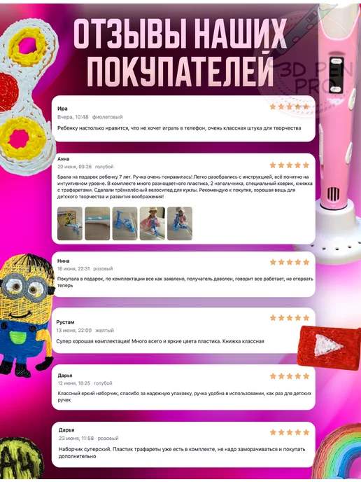3д ручка детская электроника 3D ручка подарочный детский набор с пластиком и трафаретами, розовый, фото 6