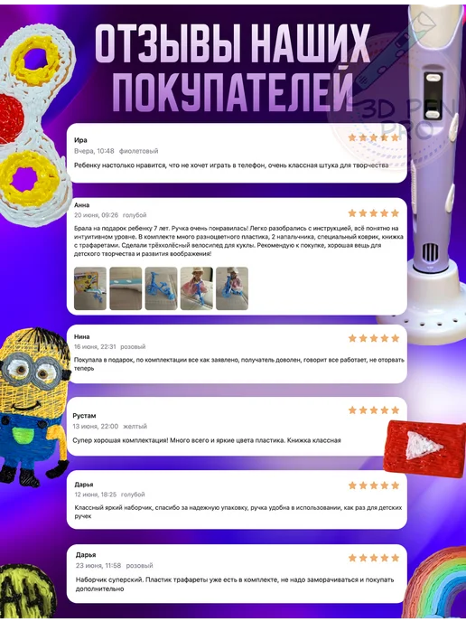 3д ручка детская электроника 3D ручка подарочный детский набор с пластиком и трафаретами, фиолетовый, фото 6
