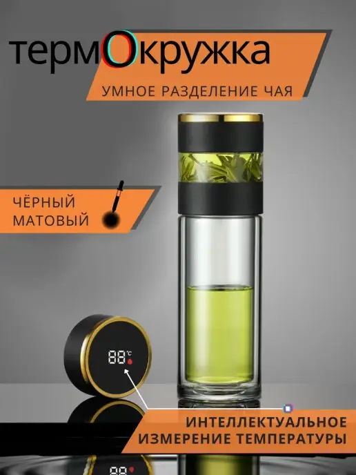 Тсс! Термокружка стеклянная с датчиком температуры Подарок, черный