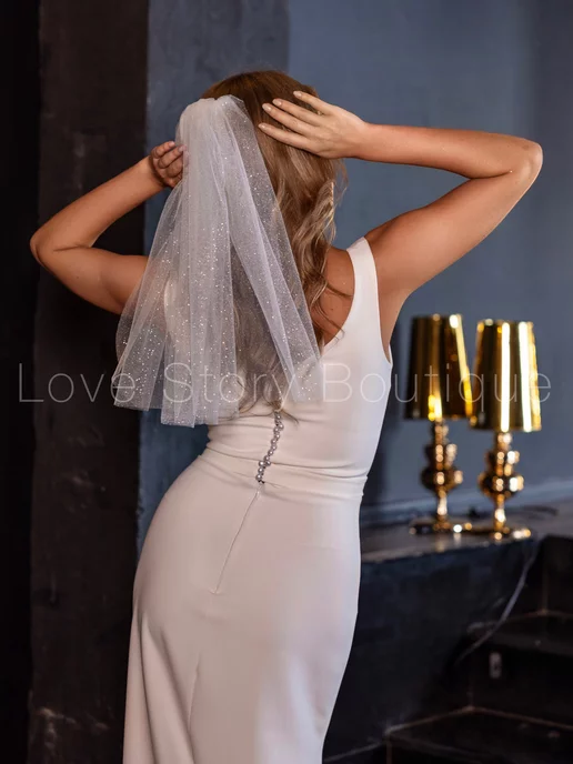 Love Story Boutique Фата короткая блестящая свадебная, белый, фото 5
