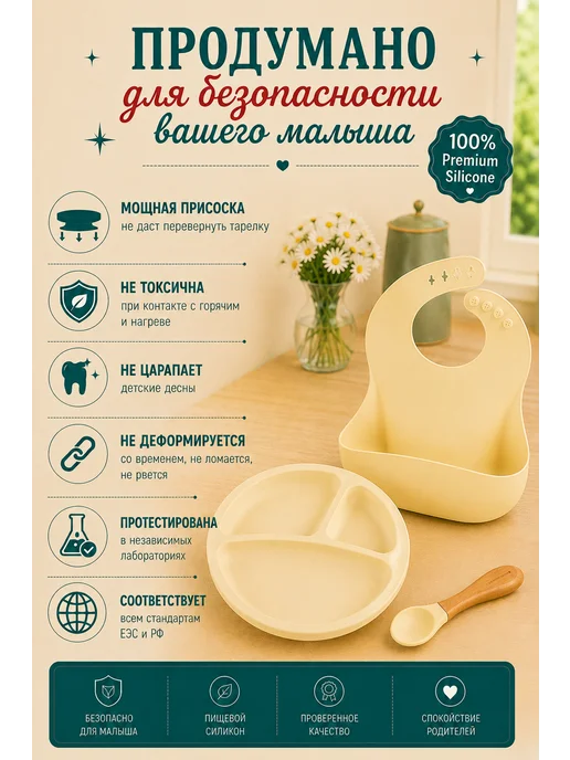 MinikOiOi Набор детский силиконовый посуда для кормления и прикорма, желтый, фото 3