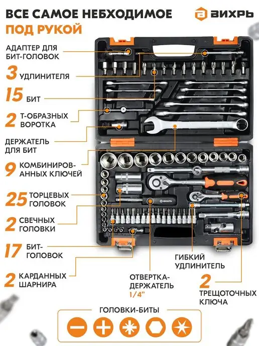 ВИХРЬ Набор инструментов для автомобиля и дома 82 предмета, кейс, вариант, фото 2
