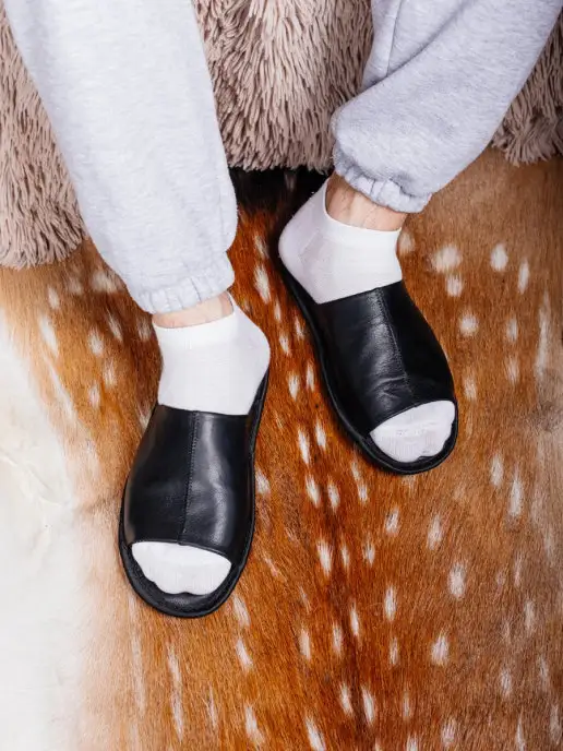 Original Fur company Тапочки домашние из натуральной кожи, черный, фото 2