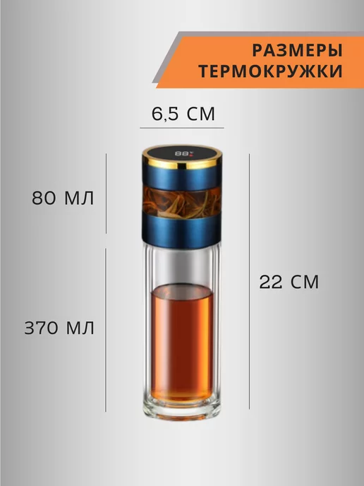 Тсс! Термокружка стеклянная с датчиком и ситечком для чая Подарок, синий, фото 7