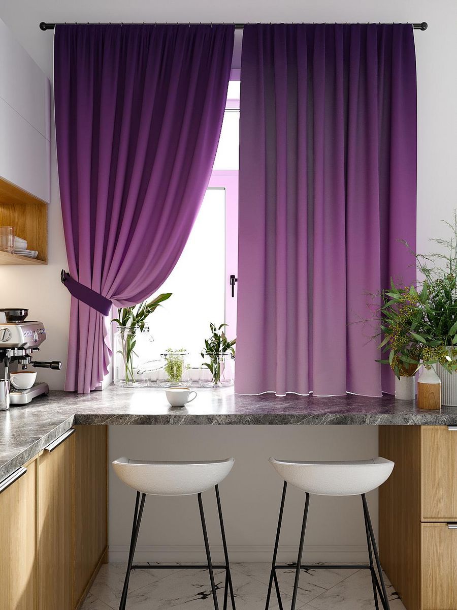 Сиреневые шторы на кухню