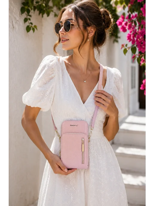 BAGS_CHI Клатч кошелек с длинным ремешком, розовый