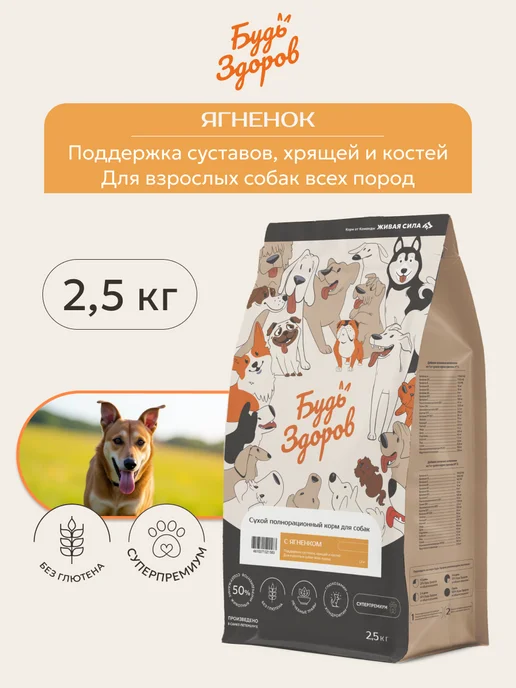 Сухой корм Будь здоров Гранула для собак, крупные, ягненок, 2,5 кг