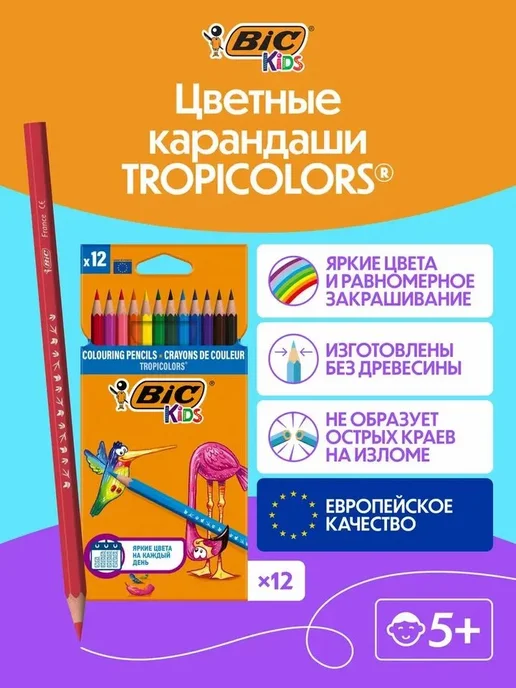 BIC Карандаши цветные пластиковые шестигранные 12 цветов, 12 цв.