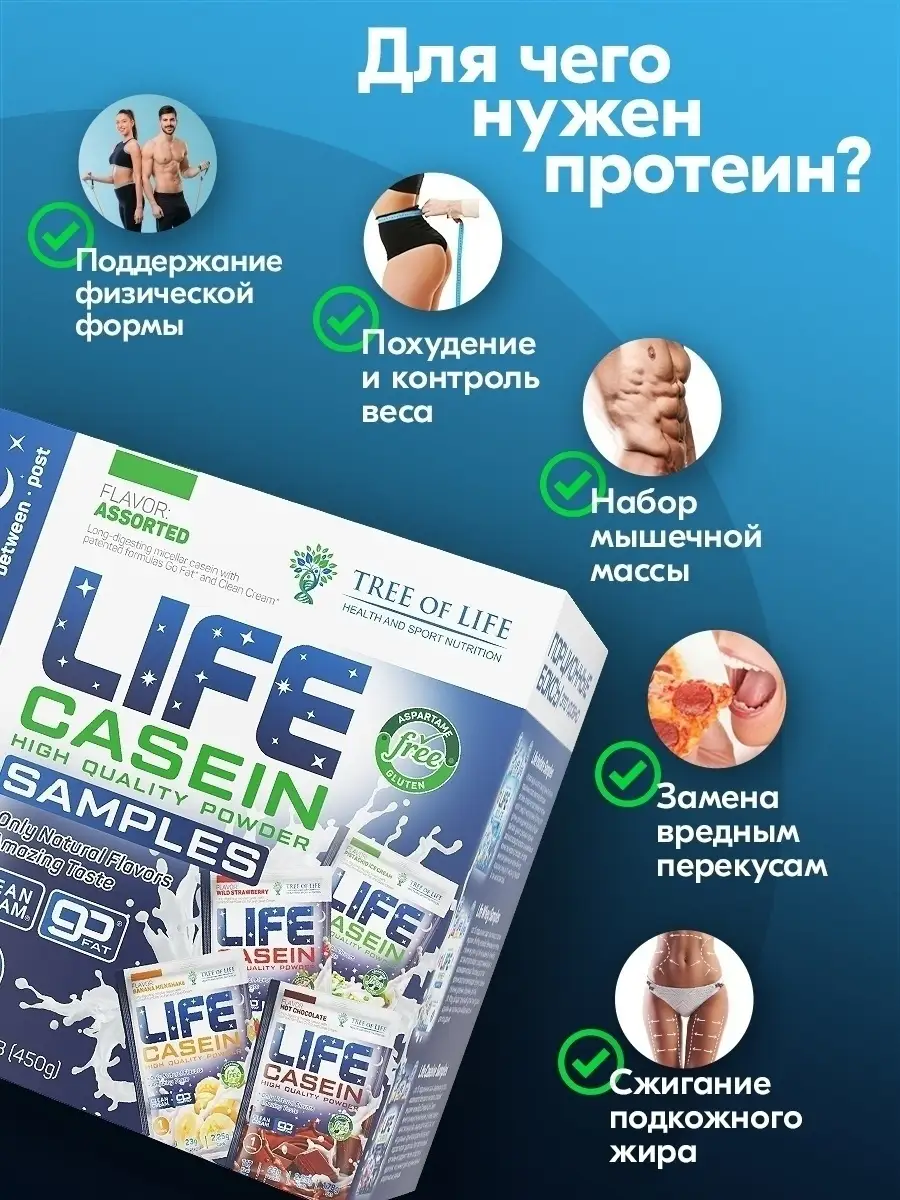 Казеиновый протеин белковый коктейль, казеин без сахара Tree of Life  88950599 купить за 1 626 ₽ в интернет-магазине Wildberries