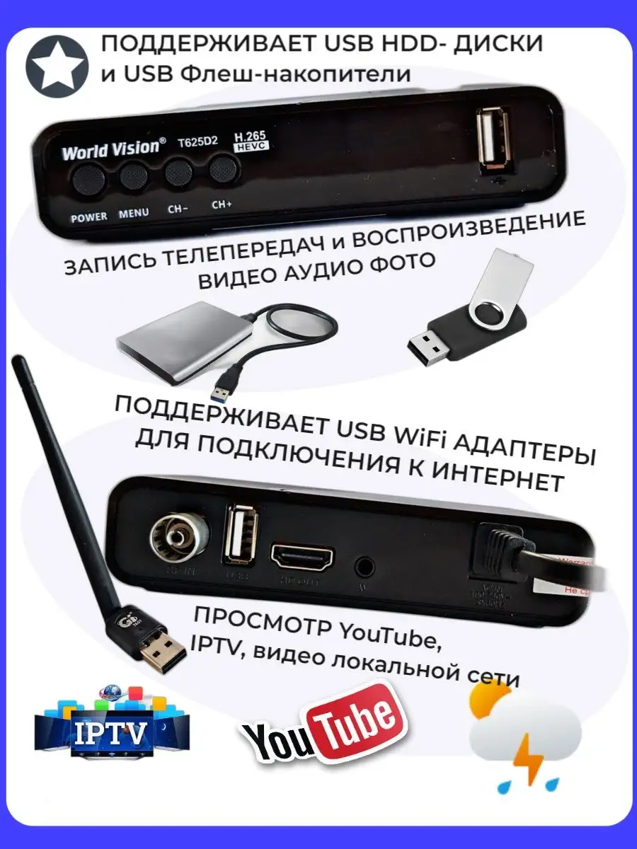 Цифровая приставка для ТВ DVB-T2 World Vision T625A