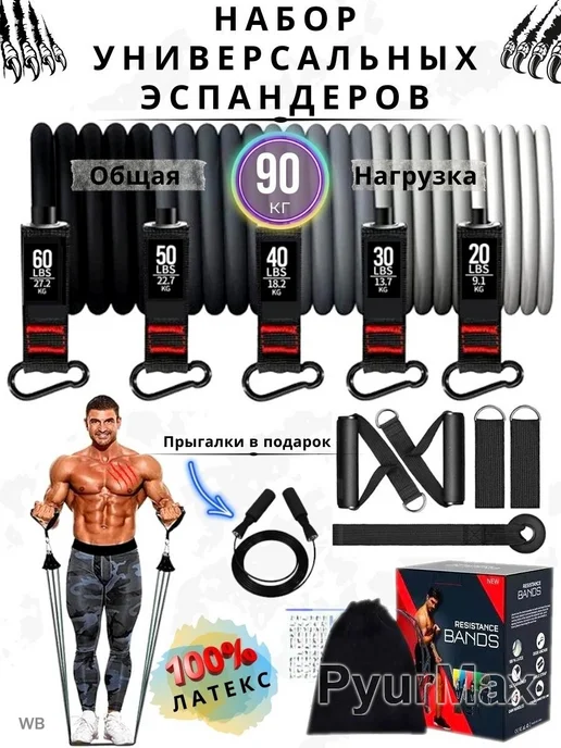 PyurMax Эспандер трубчатый с ручками резинки для фитнеса, черный