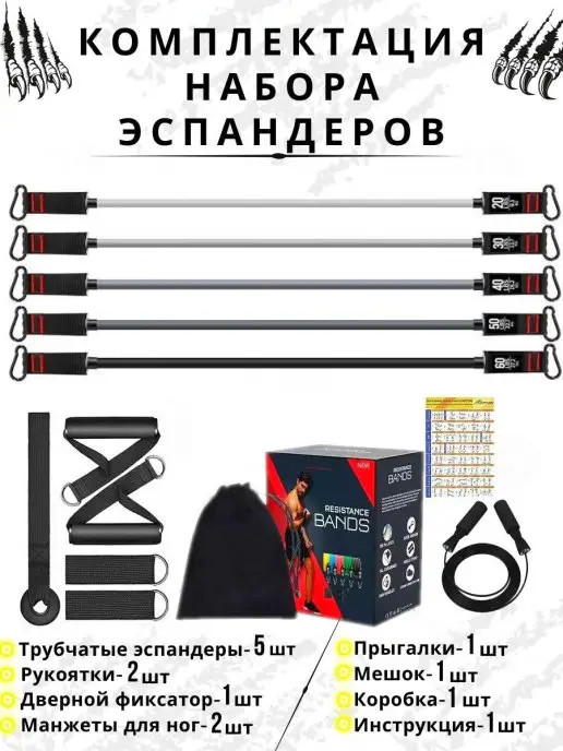 PyurMax Эспандер трубчатый с ручками резинки для фитнеса, черный, фото 2