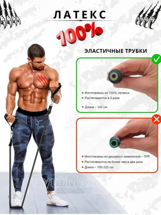 PyurMax Эспандер трубчатый с ручками резинки для фитнеса, черный, фото 5
