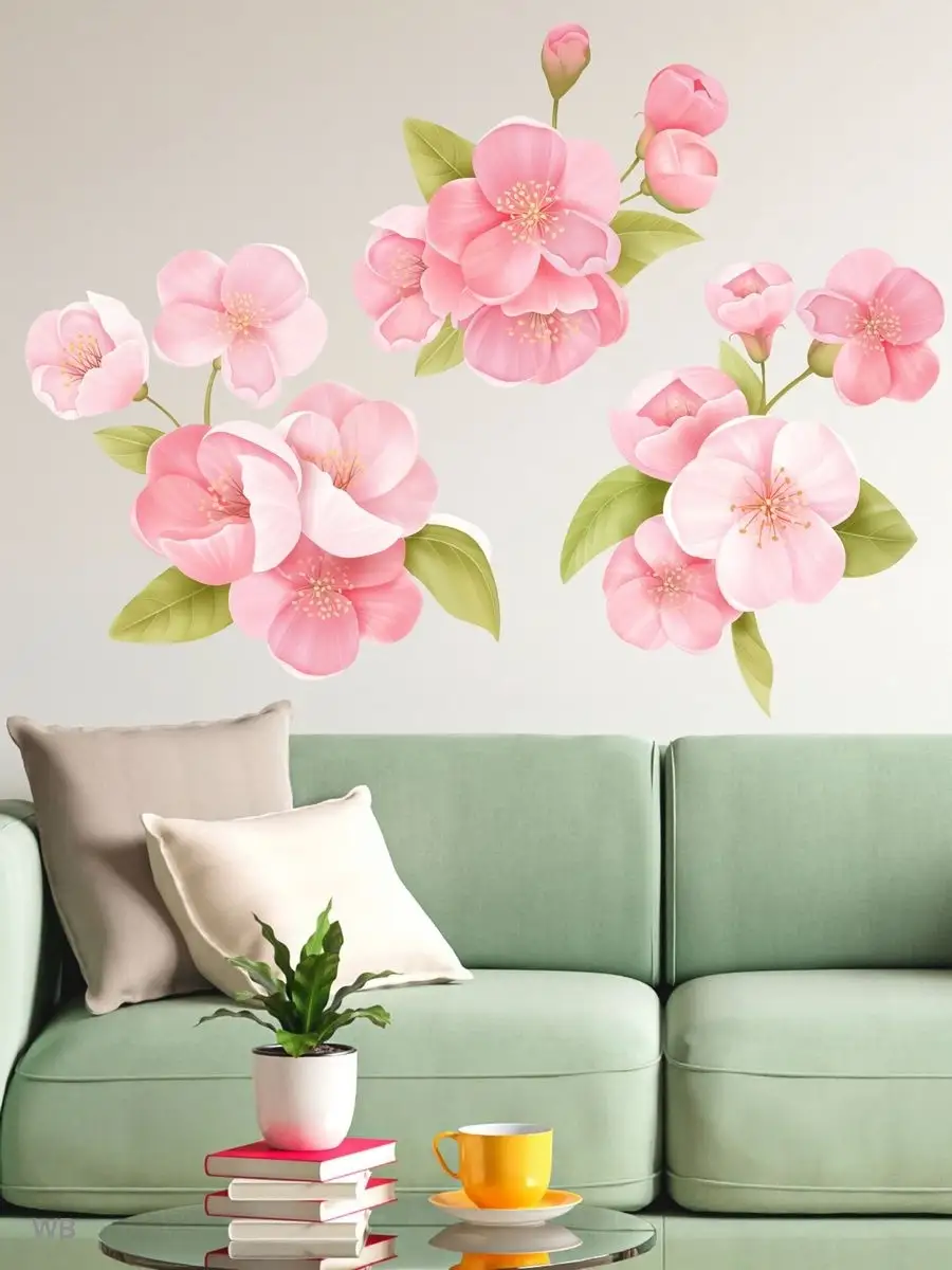 Наклейки на стену дерево, цветы в интерьер гостиной, спальни или детской