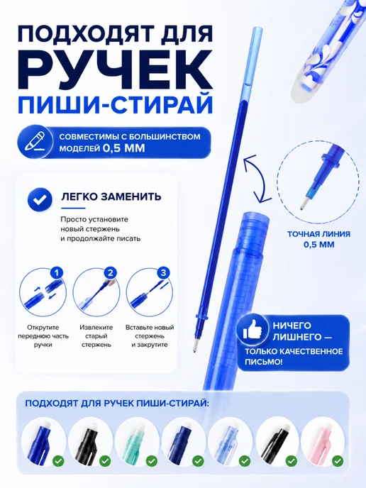 HomeToYou Стержни пиши стирай гелевые синие для ручек канцелярия, синий, фото 4