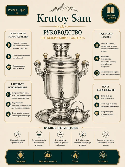 KRUTOY SAM Самовар на дровах 5 л с подносом и заварником жаровой, 5 л, фото 6